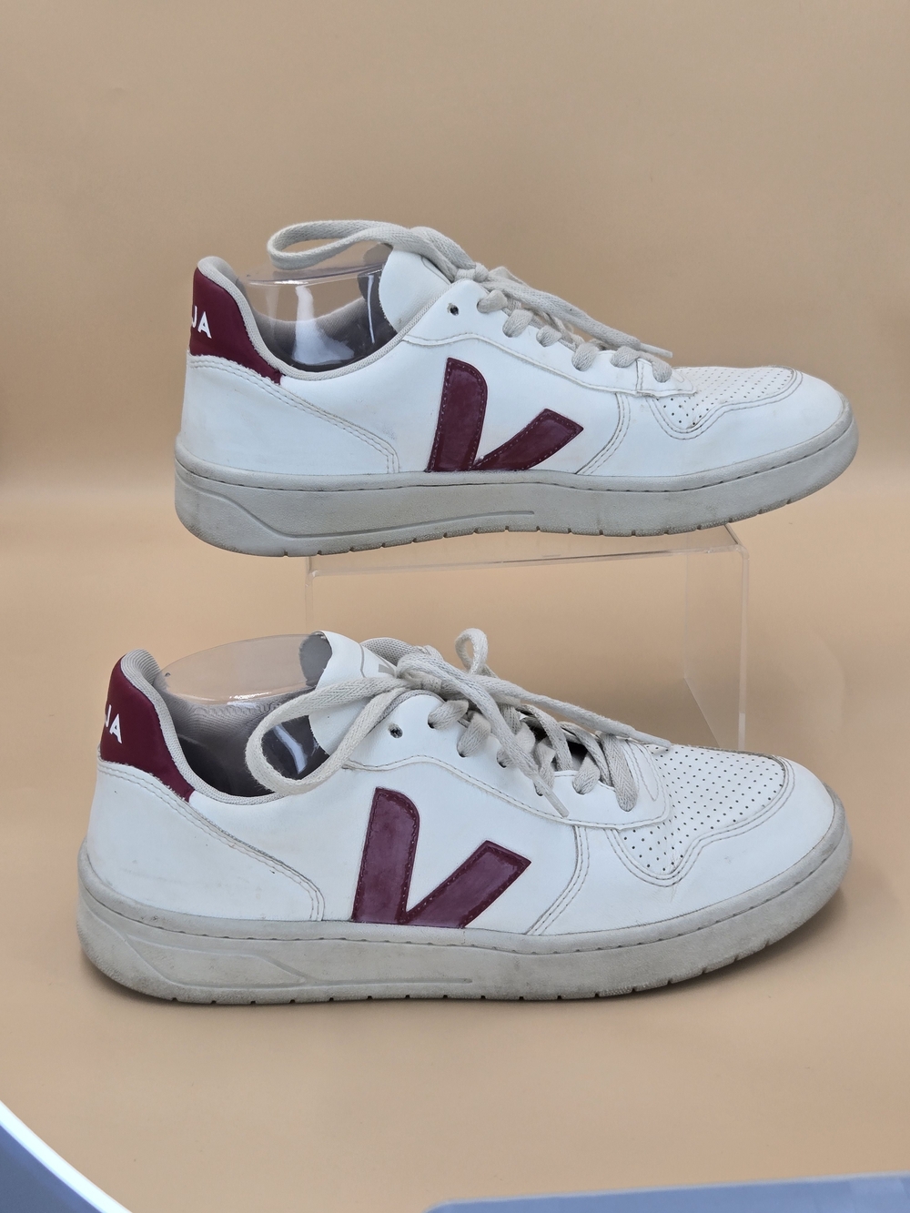 Veja V10 CWL White Burgundy Leather Sneakers Men's Size 10